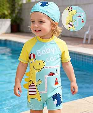 Babyhug Half Raglan Sleeves Legged Swimsuit With Dino Print & Cap - Light Blue