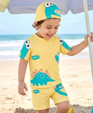 Babyhug Raglan Half Sleeves Dino Printed T-Shirt & Shorts Swimsuit With Cap - Yellow