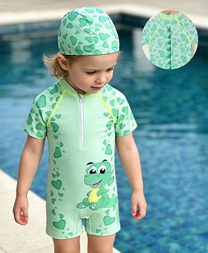 Babyhug Half Raglan Sleeves Legged Swimsuit With Dino Print & Cap - Sea Green