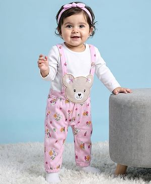 Babyhug 100% Cotton Knit Full Sleeves Floral Printed Romper With Teddy Bear Patch & Hairband - Light Pink