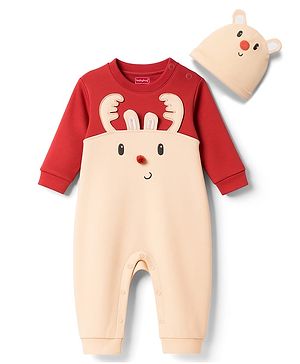 Babyhug 100% Cotton Knit Full Sleeves Romper With Cap & Deer Applique - Beige