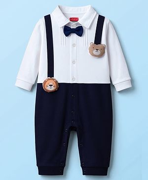 Babyhug 100% Cotton Knit Full Sleeves Romper With Animal & Bow Applique - Navy Blue & White