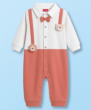 Babyhug 100% Cotton Knit Full Sleeves Romper With Animal & Bow Applique - Brown