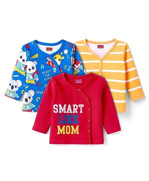 Babyhug 100% Cotton Knit Full Sleeves Front Open Jhablas with Animal Print & Stripes Pack of 3 - Red Blue & Yellow