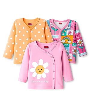 Babyhug 100% Cotton Knit Full Sleeves Front Open Jhablas with Floral & Polka Dot Print Pack of 3 - Pink & Orange