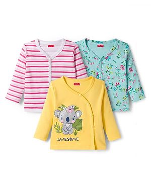 Babyhug 100% Cotton Knit Full Sleeves Front Open Jhablas With Stripe & Animal Print Pack of 3 - Pink Aqua Blue & Yellow