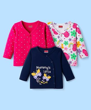 Babyhug 100% Cotton Knit Full Sleeves Front Open Jhablas with Tropical Theme Print Pack of 3 - White Navy Blue & Pink