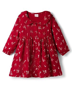 Babyhug Cotton Woven Full Sleeves Frock with Floral Print - Red