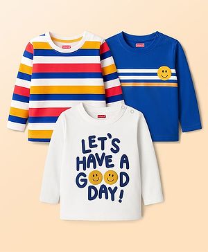 Babyhug 100 % Cotton Knit Full Sleeves T-Shirt with Stripes & Lets Have A Good Day Text Print Pack of 3 - Red White & Blue
