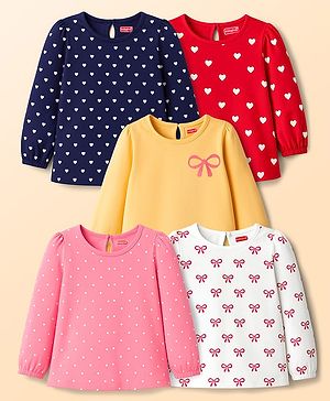 Babyhug 100 % Cotton Knit Full Sleeves T-Shirts with Heart Bow & Polka Dot Print Pack of 5 - Pink White & Navy Blue