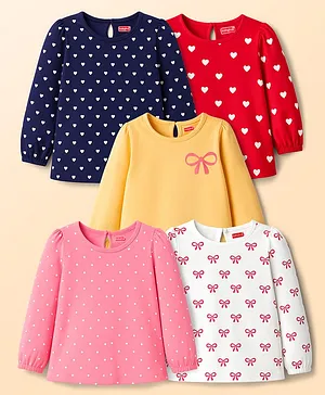 Babyhug 100 % Cotton Knit Full Sleeves T-Shirts with Heart Bow & Polka Dot Print Pack of 5 - Pink White & Navy Blue