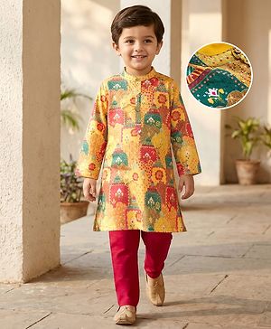 Babyhug Woven Full Sleeves Kurta Pyjama Set With Floral Print - Mustard & Red