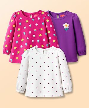 Babyhug Cotton Knit Full Sleeves T-Shirts with Polka Dot & Floral Print Pack of 3 - Pink Purple & White