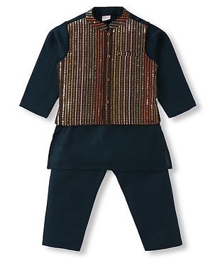 Babyhug Woven Full Sleeves Kurta Pyjama Set With Floral Embroidered Nehru Jacket - Navy Blue