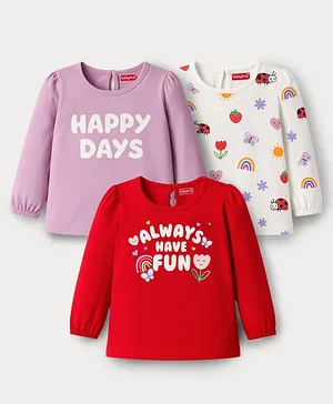 Babyhug 100 % Cotton Knit Full Sleeves T-Shirt with Tropical & Happy Days Text Print Pack of 3 - Red White & Lilac