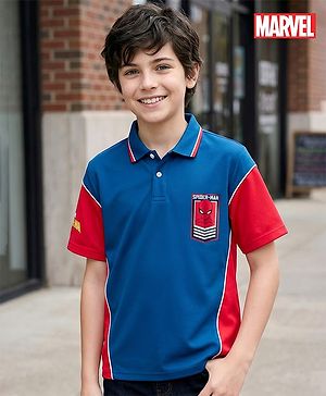Pine Kids Marvel Terry Knit Half Sleeves Cut & Sew Polo T-Shirt with Spider-Man Graphic - Blue & Red
