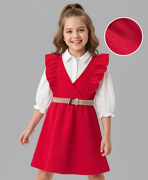 Hola Bonita Knit Solid Dress
                                  & Full Sleeves Inner Tee With Belt
                                  - Red & White