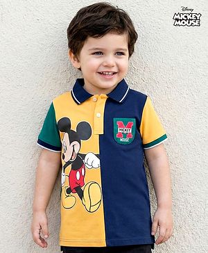Babyhug Disney Single Jersey Knit Half Sleeves Cut & Sew Polo T-Shirt with Mickey Mouse Graphic - Multicolor