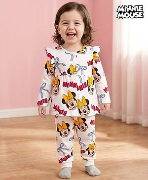 Babyhug Disney Single Jersey Knit Full Sleeves Co-ord Night Suit With Minnie Mouse Print - White