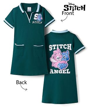 Pine Kids Disney Single Jersey Knit Half Sleeves Frock With Stitch & Angel Graphics - Dark Green