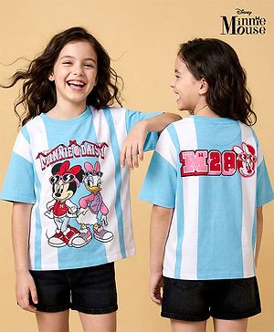 Pine Kids Disney Terry Knit Drop Shoulder Half Sleeves T-Shirt with Minnie & Daisy Graphic - Light Blue & White