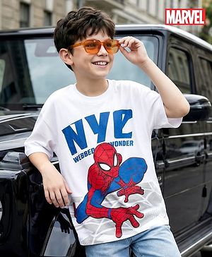 Pine Kids Marvel Single Jersey Single Jersey Drop Shoulder Half Sleeves T-Shirt with Spider-Man Graphic - White