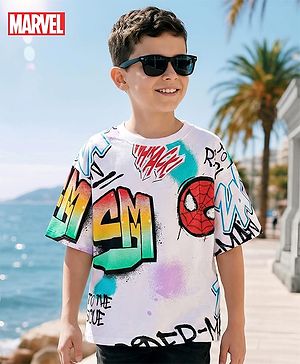 Pine Kids Marvel Terry Knit Drop Shoulder Half Sleeves T-Shirt with Spider-Man All Over Print  - White