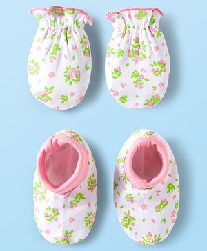 Babyhug 100% Cotton Mittens & Booties With Floral Print - White