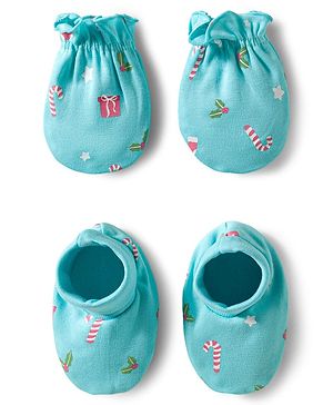 Babyhug 100% Cotton Mittens & Booties With Floral Print - Light Blue