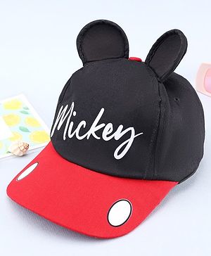 Babyhug Disney Cotton Woven Summer Cap with Mickey Mouse Graphic & 3D Ear Black - Diameter 17 cm
