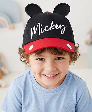 Babyhug Disney Cotton Woven Summer Cap with Mickey Mouse Graphic & 3D Ear Black - Diameter 16.5 cm