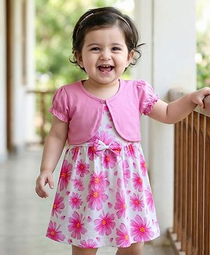 Babyhug Single Jersey Knit Half Sleeves Frock With Shrug With  Floral Print - Pink & White