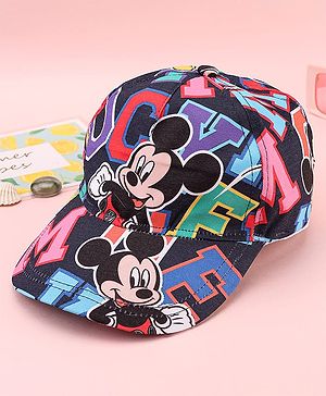 Babyhug Disney Cotton Woven Summer Cap with Mickey Mouse Graphic Blue - Diameter 15 cm
