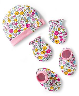 Babyhug 100% Cotton Interlock Knit Cap Mittens & Booties & Floral Print Pink - Diameter 13.75 cm