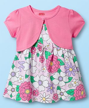 Babyhug Single Jersey Knit Frock & Half Sleeves Shrug With Floral Print - White & Pink