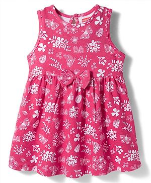 Babyhug Single Jersey Knit Sleeves Floral Printed Frock with Bow Applique - Pink