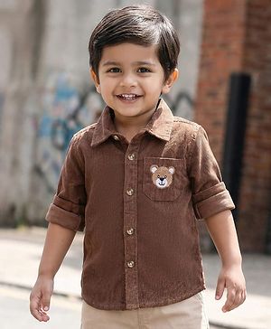 Babyhug  Cotton Woven Full Sleeve Solid Colour Corduroy Shirt with Bear Embroidery - Brown