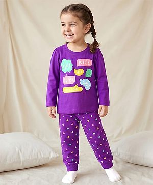 Babyhug Knit Full Sleeves Night Suit With Text Print - Purple