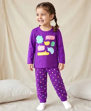 Babyhug Knit Full Sleeves Night Suit
                              With Text Print - Purple