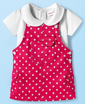 Babyhug Cotton Woven Polka Dot Printed Frock with Half Sleeves Inner Tee - Pink & White