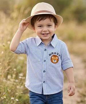 Babyhug Cotton Woven Full Sleeves Striped Shirt With Lion Patch - Blue