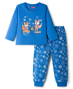 Babyhug Cotton Knit Full Sleeves
                              Night Suit With Fox Print - Blue