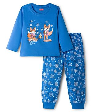 Babyhug Cotton Knit Full Sleeves Night Suit With Fox Print - Blue