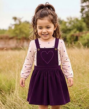 Babyhug Cotton Woven Frock with Full Sleeves Tee & Heart Print - Purple