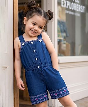 Babyhug Woven Sleeveless Denim Jumpsuit With Floral Embroidery - Navy Blue