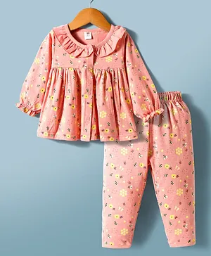 ToffyHouse Cotton Knit Full Sleeves
                              Co-ords Top & Pajama Night Suit with
                              Honey Bee Print - Peach