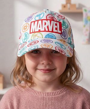 Babyhug Marvel Cotton Woven Summer Cap with Avengers Graphic White - Diameter 17 cm