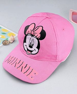 Babyhug Disney Cotton Woven Summer Cap With Minnie Mouse Graphics Pink - Diameter 19 cm