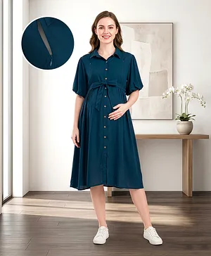 Bella Mama Woven Half Balloon Sleeves
                              Solid Color Maternity Shirt Dress - Teal
                              Blue