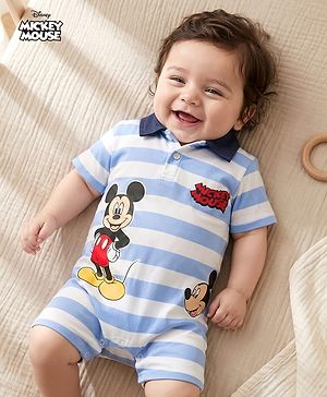 Babyhug Disney 100% Cotton Knit Half Sleeves Romper With Mickey Mouse Graphic & Collar Detailing - Multicolour